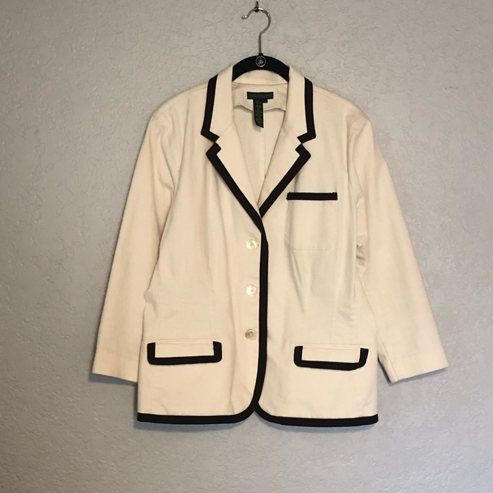 Classy Ralph Lauren White Denim Blazer With Black Trim Sz XL